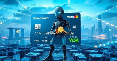 Futurystyczny robot AI z kartą Mastercard w dłoni, transakcje w chmurze obliczeniowej, Singapur w tle.