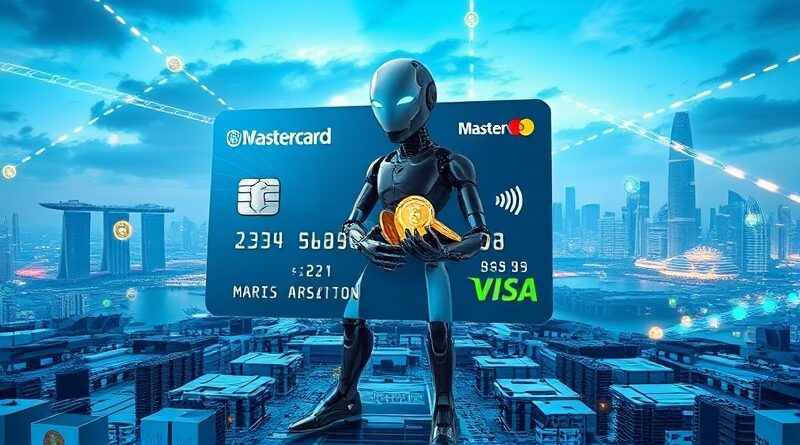 Futurystyczny robot AI z kartą Mastercard w dłoni, transakcje w chmurze obliczeniowej, Singapur w tle.