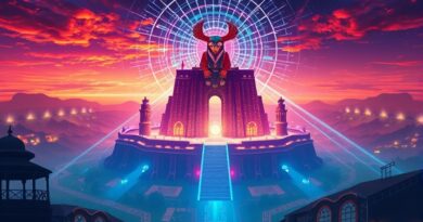 Cyfrowa forteca w zachodnioafrykańskim krajobrazie, AI stróż kontroluje transakcje. Afrofuturyzm i Art Deco.