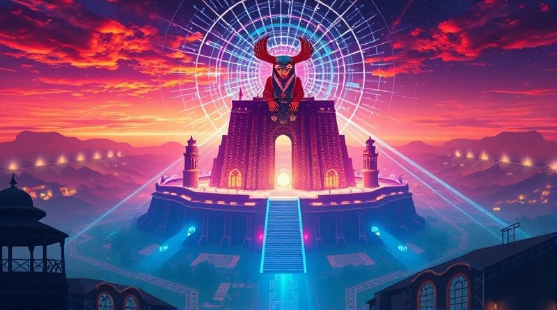 Cyfrowa forteca w zachodnioafrykańskim krajobrazie, AI stróż kontroluje transakcje. Afrofuturyzm i Art Deco.