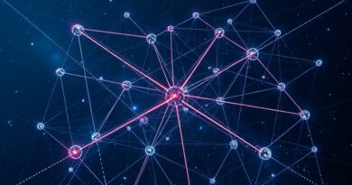 Sieć satelitów tworząca sztuczną inteligencję w kosmosie, z wizualizacją przepływu danych, na tle głębokiej przestrzeni.