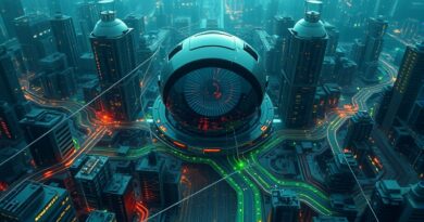Surrealistyczne miasto-obwód z okiem AI, pęknięcia symbolizują luki w systemach finansowych.