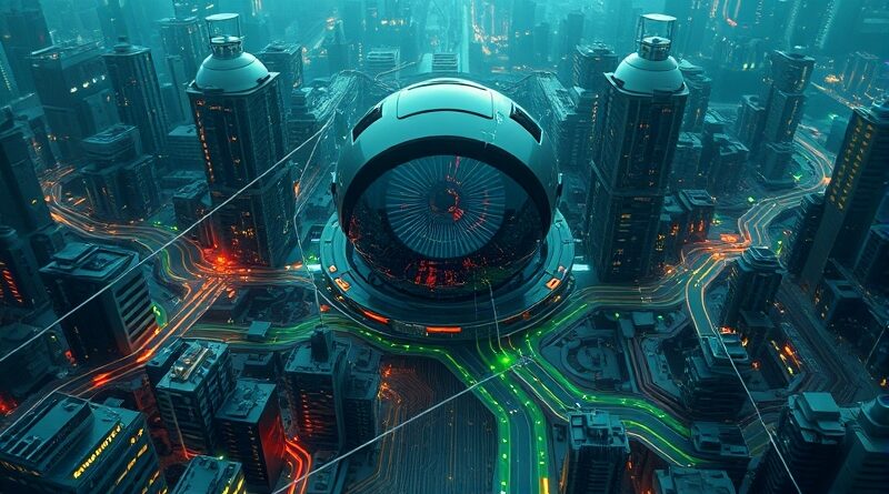 Surrealistyczne miasto-obwód z okiem AI, pęknięcia symbolizują luki w systemach finansowych.