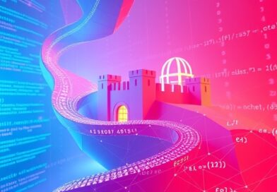 Abstrakcyjna geometria kodu i równań matematycznych tworzy fortecę bezpieczeństwa, w futurystycznych barwach.