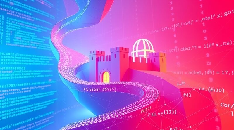 Abstrakcyjna geometria kodu i równań matematycznych tworzy fortecę bezpieczeństwa, w futurystycznych barwach.