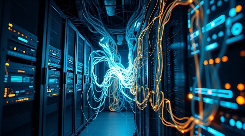 Cyfrowa wyrocznia w serwerowni, światłowody splatają prawo, gospodarkę i społeczeństwo w legislacyjną sieć.