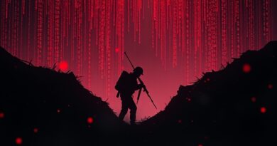 Żołnierz w okopie utkanym z kodu binarnego, oświetlony cyfrową artylerią i krwawymi smugami.