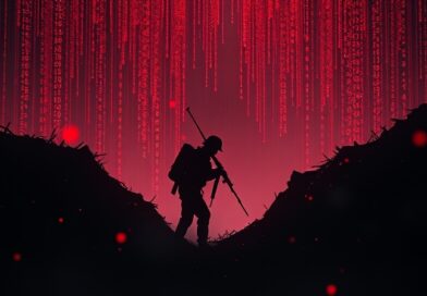 Żołnierz w okopie utkanym z kodu binarnego, oświetlony cyfrową artylerią i krwawymi smugami.
