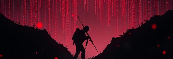 Żołnierz w okopie utkanym z kodu binarnego, oświetlony cyfrową artylerią i krwawymi smugami.