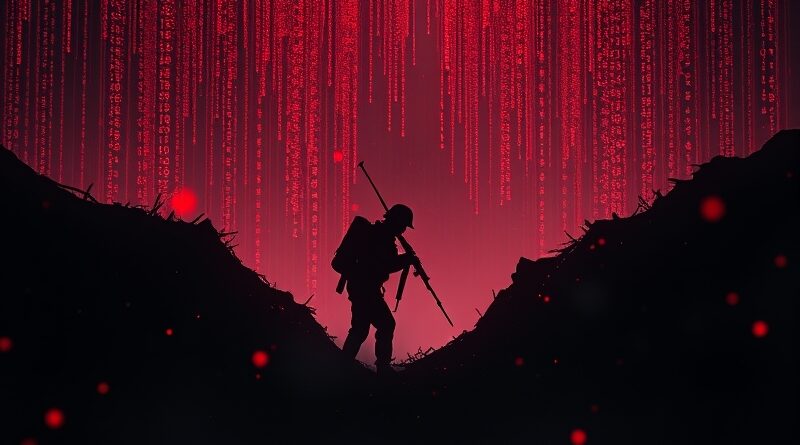 Żołnierz w okopie utkanym z kodu binarnego, oświetlony cyfrową artylerią i krwawymi smugami.