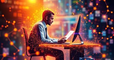 Abstrakcyjna sieć fraktalna: cyfrowy pracownik przy wirtualnym biurku płaci fakturę, symbolizując opodatkowanie AI.