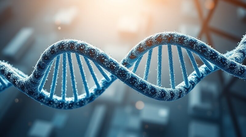 Podwójna helisa DNA spleciona z krzemowymi mikrochipami, symbolizująca połączenie biologii i technologii w AI firmy Anthropic.