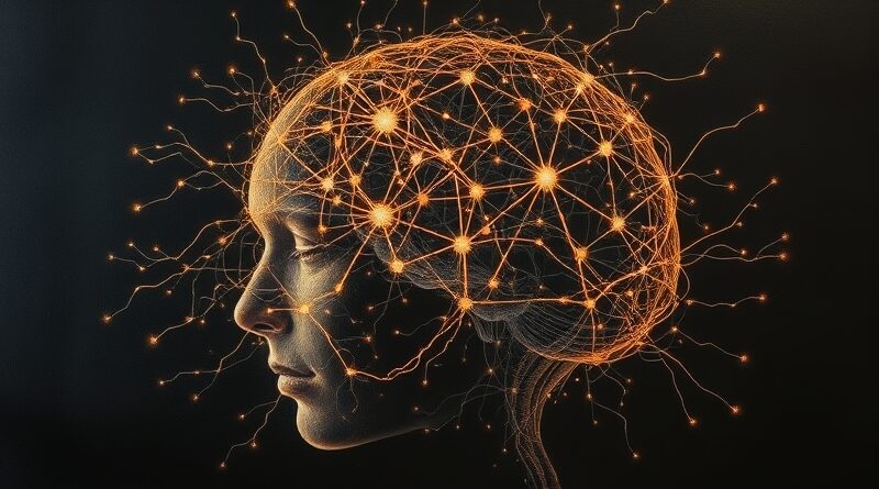 Skomplikowana sieć neuronów tworząca głowę, symbolizująca inteligencję i połączenie AI, w stylu Rembrandta.