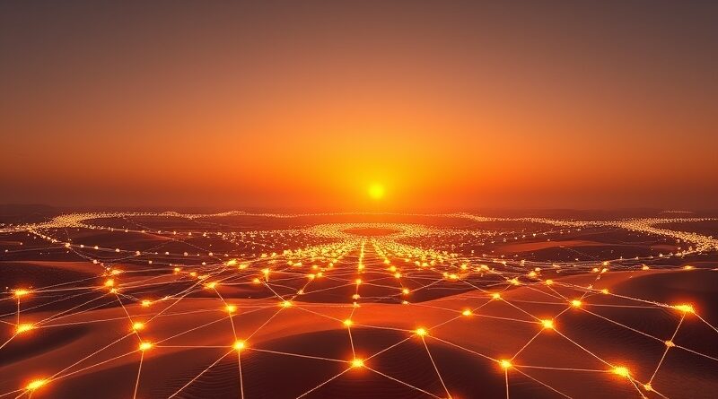 Abstrakcyjna sieć neuronowa nad marokańską pustynią, futurystyczne centrum danych w oddali, pulsujące światłowody w piasku.