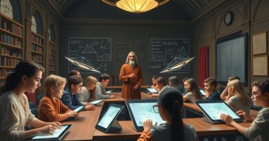 Renesansowa wizja przyszłości szkoły: uczniowie uczą się matematyki z tabletów, a nauczyciel obserwuje.