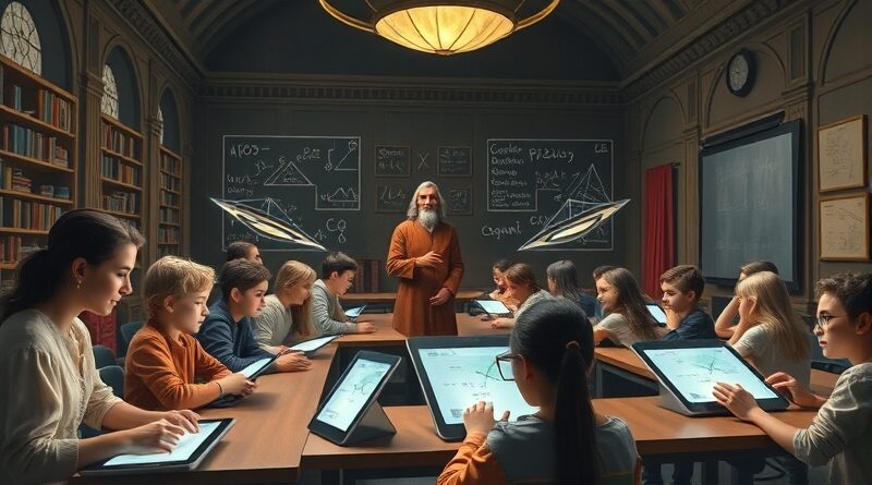 Renesansowa wizja przyszłości szkoły: uczniowie uczą się matematyki z tabletów, a nauczyciel obserwuje.