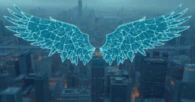 Olbrzymie, szklane skrzydło przecina miasto, ujawniając cyfrowe pęknięcia i słabości systemu finansowego.