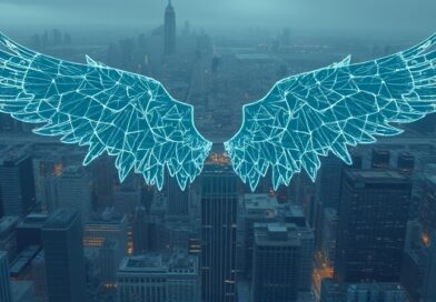 Olbrzymie, szklane skrzydło przecina miasto, ujawniając cyfrowe pęknięcia i słabości systemu finansowego.