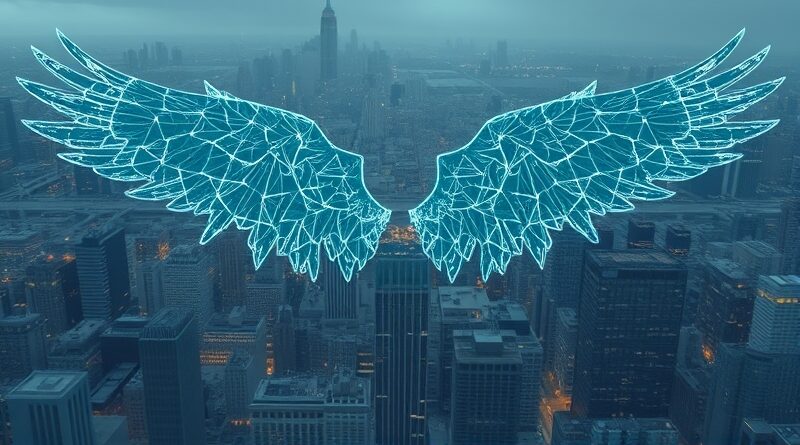 Olbrzymie, szklane skrzydło przecina miasto, ujawniając cyfrowe pęknięcia i słabości systemu finansowego.