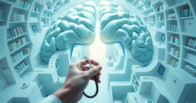 Mózg-labirynt, ścieżki prowadzą do książek i sprzętu. Ręka ze stetoskopem wskazuje wyjście. AI myli ścieżki.