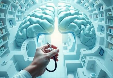 Mózg-labirynt, ścieżki prowadzą do książek i sprzętu. Ręka ze stetoskopem wskazuje wyjście. AI myli ścieżki.