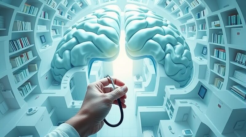 Mózg-labirynt, ścieżki prowadzą do książek i sprzętu. Ręka ze stetoskopem wskazuje wyjście. AI myli ścieżki.