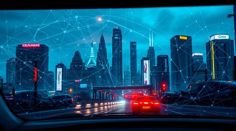 Futurystyczne miasto za szybą auta z neuronową siecią; AI Nissana w natarciu.