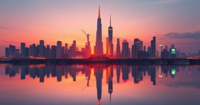 Stylizowana panorama miasta z mikrochipów o świcie, odbicie w wodzie, subtelna flaga Korei, złote światło.