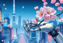 Roboticzna ręka trzyma kwiat wiśni na tle neonowego Tokio, fuzja technologii i natury.