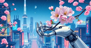 Roboticzna ręka trzyma kwiat wiśni na tle neonowego Tokio, fuzja technologii i natury.