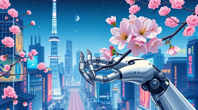 Roboticzna ręka trzyma kwiat wiśni na tle neonowego Tokio, fuzja technologii i natury.
