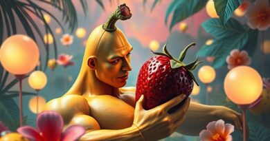 Surrealistyczne zbliżenie: umięśniony banan spogląda na truskawkę w psychodelicznym, owocowym raju AI.