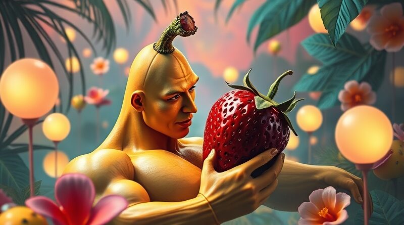 Surrealistyczne zbliżenie: umięśniony banan spogląda na truskawkę w psychodelicznym, owocowym raju AI.