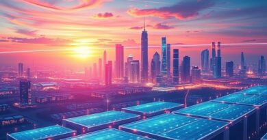 Futurystyczne miasto zasilane przez połączone ogniwa paliwowe. Data streams symbolizują AI. Czysta energia i technologia.