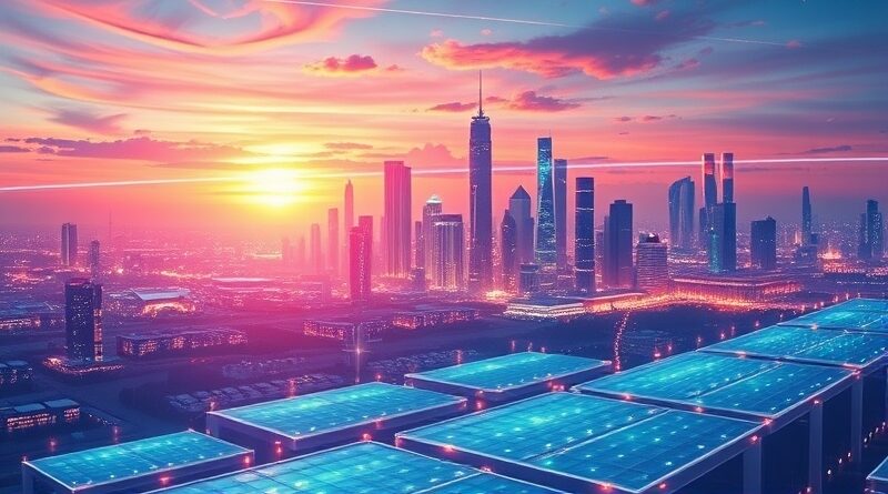 Futurystyczne miasto zasilane przez połączone ogniwa paliwowe. Data streams symbolizują AI. Czysta energia i technologia.