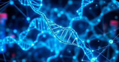 Abstrakcyjna, bioluminescencyjna sieć DNA symbolizująca bioinformatykę i ogromne ilości danych.