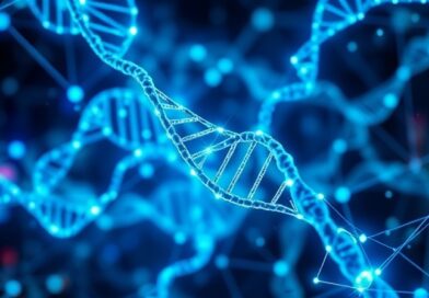 Abstrakcyjna, bioluminescencyjna sieć DNA symbolizująca bioinformatykę i ogromne ilości danych.