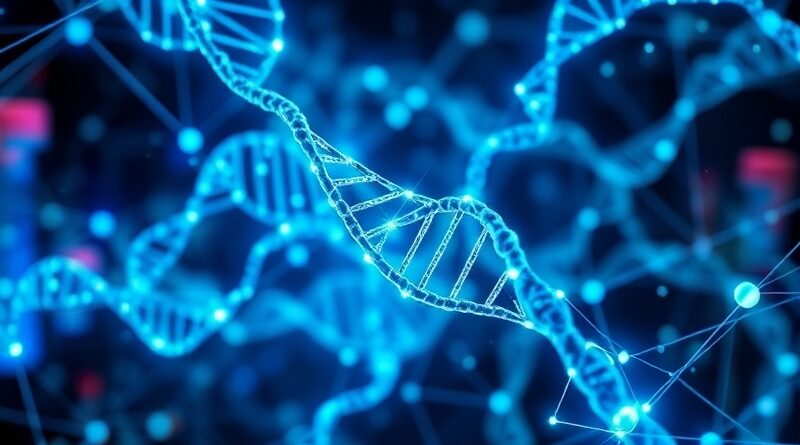 Abstrakcyjna, bioluminescencyjna sieć DNA symbolizująca bioinformatykę i ogromne ilości danych.