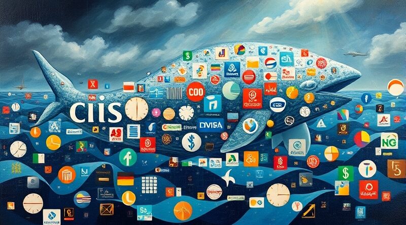 Abstrakcyjny olejny obraz: finansowy wieloryb w burzliwym morzu logotypów korporacji, sztormowe niebo, nuta technologicznych błędów.