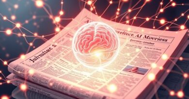 Świecące połączenia neuronowe w gazecie, symbolizujące wpływ AI na dziennikarstwo.