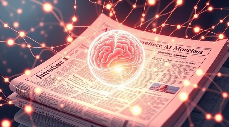 Świecące połączenia neuronowe w gazecie, symbolizujące wpływ AI na dziennikarstwo.