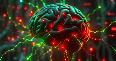 Abstrakcyjny mózg cyfrowy pulsujący złośliwym kodem, neonowo zielone i czerwone połączenia, symbolizujące cyberatak.