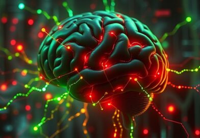 Abstrakcyjny mózg cyfrowy pulsujący złośliwym kodem, neonowo zielone i czerwone połączenia, symbolizujące cyberatak.
