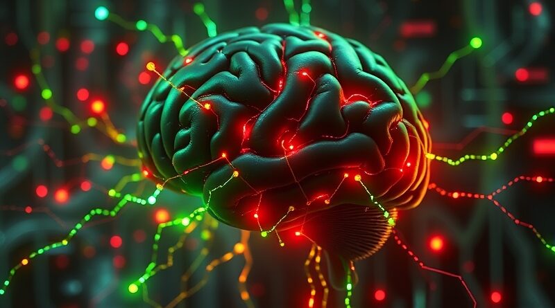 Abstrakcyjny mózg cyfrowy pulsujący złośliwym kodem, neonowo zielone i czerwone połączenia, symbolizujące cyberatak.