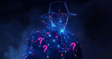 Abstrakcyjna grafika: neonowa sieć neuronowa nad sylwetką detektywa w dymnym, noir otoczeniu.
