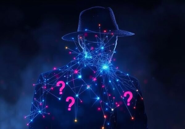 Abstrakcyjna grafika: neonowa sieć neuronowa nad sylwetką detektywa w dymnym, noir otoczeniu.