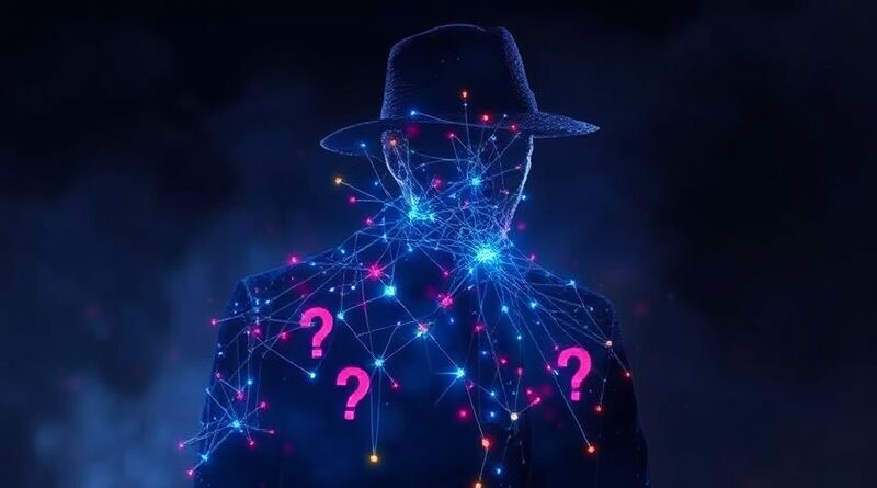 Abstrakcyjna grafika: neonowa sieć neuronowa nad sylwetką detektywa w dymnym, noir otoczeniu.
