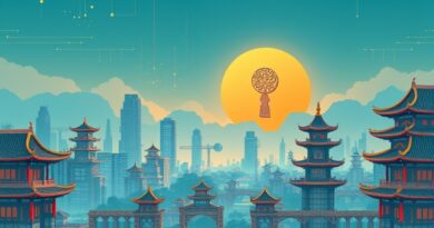 Futurystyczne chińskie miasto, kluczowa dziurka w niebie, pomarańczowe słońce i niebieskie dane; MiniMax M2.7.