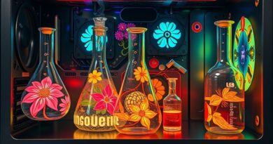 Alchemiczne laboratorium w obudowie PC: destylacja inteligencji AI w miniaturowym, surrealistycznym komputerze.