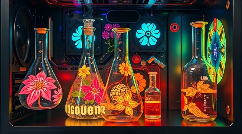 Alchemiczne laboratorium w obudowie PC: destylacja inteligencji AI w miniaturowym, surrealistycznym komputerze.